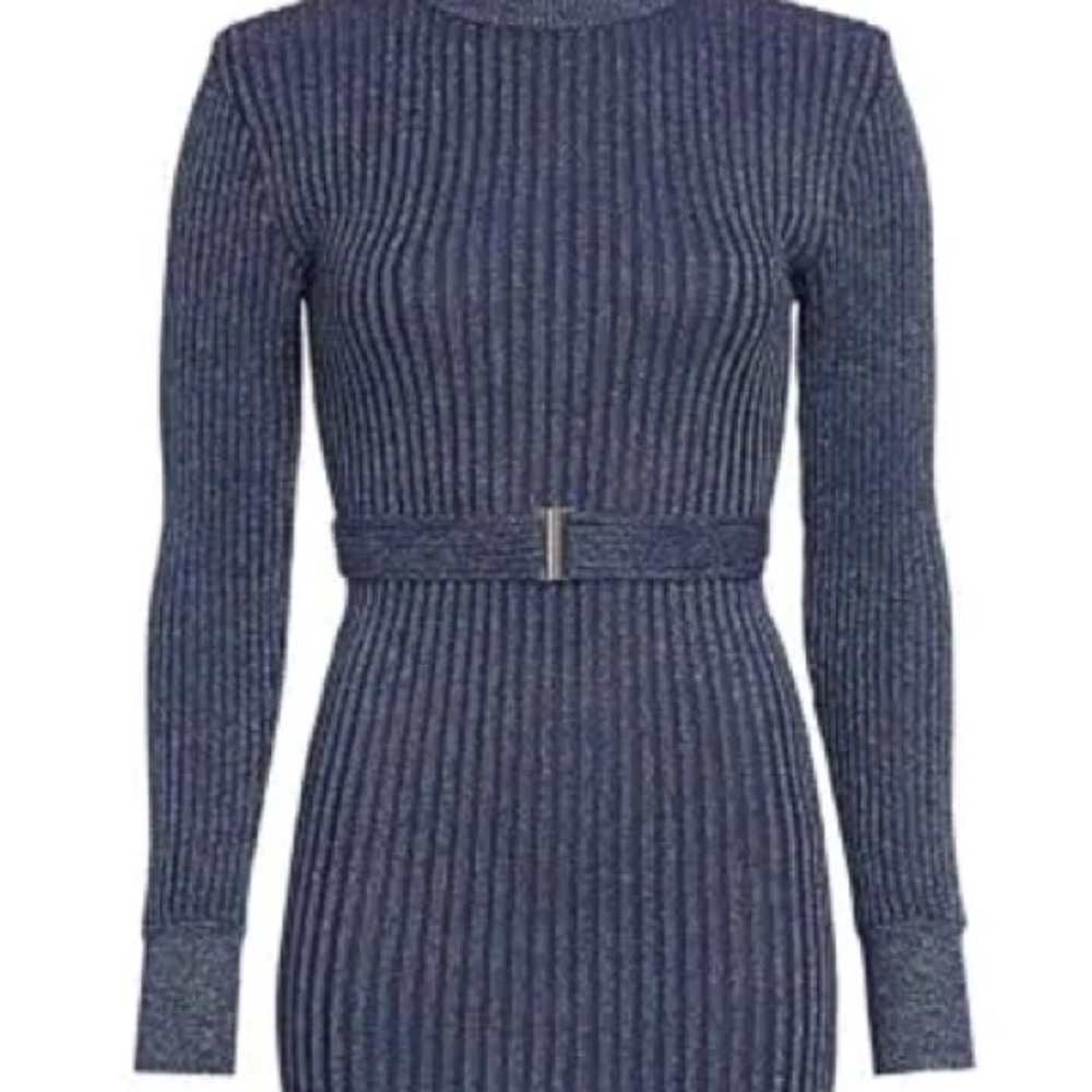 Herve Leger Paris Knit Glitter Turtleneck Sweater dress - Navy XL New MSRP $990